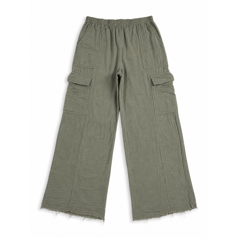 Japna Lounge Sage Green Cottonโ Gauze Wide Leg Cargo Pants Medium Raw Hem